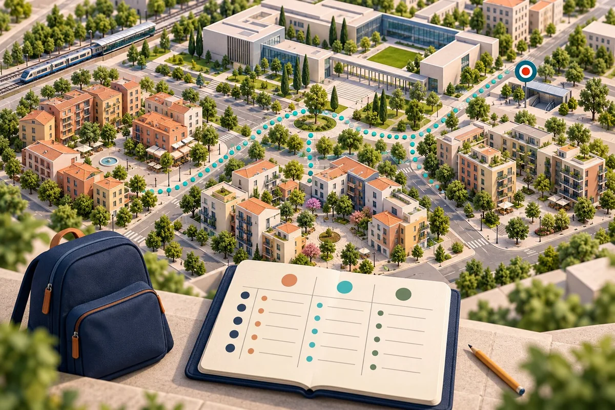 Editorial illustration of three residential areas connected to a campus, with a train and a comparison notebook.